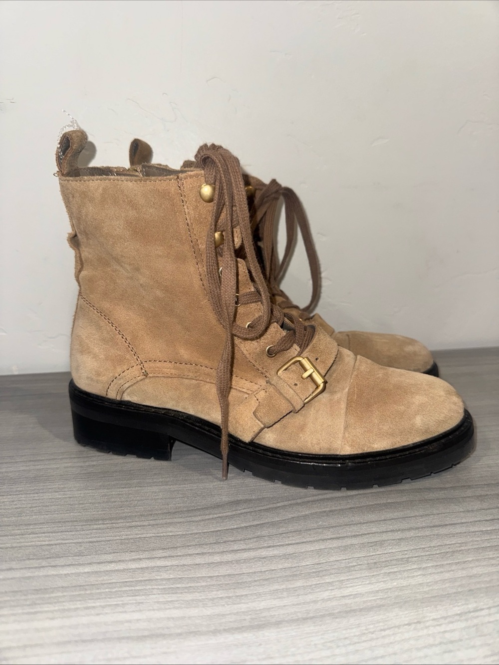 Women's 8 8.5 39 AllSaints Donita Beige Suede Leather Harness Ankle Boots Moto